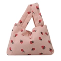 Pink corduroy tote bag with strawberry pattern and Japanese knotted handle design - Pink