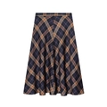 Plaid A-line midi skirt featuring classic dark blue and brown twill check patterns - XS / Dark Blue Brown Plaid