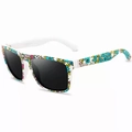 Polarized square sunglasses for men featuring a white frame with vibrant multi-color floral patterns - Blue Yellow Pink Floral Frame
