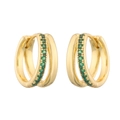 Detail of gold huggie earrings with double-layer structure and emerald green gemstones - Gold Green Zirconia