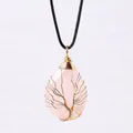Handmade rose quartz teardrop pendant with golden tree of life wire wrap on black cord - Gold Wire Wrapped Rose Quartz Pendant