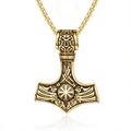Collana con ciondolo martello di Thor vichingo in acciaio inox dorato con incisioni - Oro (Senza Catena A0519)