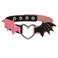 Detail of pink and black leather choker featuring a silver heart ring and bat wings - Pink Black Wings Black Red Spliced PU Choker