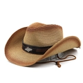 Western style woven straw cowboy hat in gradient brown with leather band and metal studs - M (56-58cm) / Khaki Rust Red