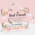 Acrylic puzzle piece ornament with pink flowers for best friend, standing on gradient background - Best Friend Thickened Style (Qa19)