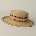 Elegant natural raffia boater hat with colorful hand-woven trim and flat top design - S (54-57.5cm) / Natural Raffia