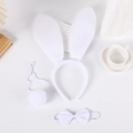 Three-piece set of white plush rabbit ears headband with matching tail and bowtie accessory - White Ultra-Soft Bunny Ears 3-Piece Set