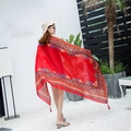 Ethnic style red beach shawl with intricate patterns and fringe edges for women - Matcha-Red Ethnic Tassel Cafe / 180cm