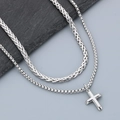 Close-up of double-layer stainless steel hip hop necklace with cross pendant - Silver