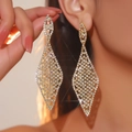 Luxurious gold long rhombus earrings featuring sparkling white rhinestones and starburst effect - Gold Rhombus Hollow Long Style