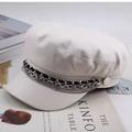 Chic off-white faux leather baker boy hat featuring a stylish silver metal chain detail - One Size 58cm / Beige Double Chain Style
