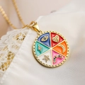 Bohemian gold plated necklace with colorful enamel charms featuring eye and moon symbols - Multi-color/23077