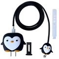 Detailed set of cartoon penguin charger protectors including cable wrap and ties - Black Penguin / Five-Piece Set