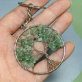 Handcrafted Tree of Life keychain pendant with green crystal stone chips in silver frame - Tree of Life Keychain / Green Aventurine