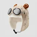 Detail der khakifarbenen Fliegermütze mit Pandadruck, Bärenohren und Fliegerbrille - 4-6 Jahre / Khaki