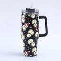 Black 40oz stainless steel Christmas tumbler with snowman pattern, handle and straw - Black Snowman Snowflake