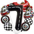 Race thema verjaardag ballonnen set met zwarte weg textuur nummer 7 en rode auto ballonnen - Raceauto set nummer 7