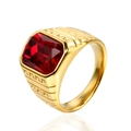 Golden men's titanium ring with a square-cut red gemstone and Greek fret pattern carving - US 7 / Gold with Red Rhinestones