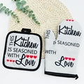 Insulated oven mitt and pot holder set with heart print on rustic woven mat - Valentine 4 (Kitchen with Love)