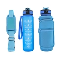 Blue water bottle with time markings and SBR neoprene protective sleeve with shoulder strap - Sky Blue