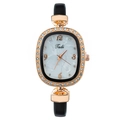 Women's quartz watch with rose gold oval case, crystal bezel and black leather strap - Black