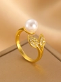 Elegant gold opening ring featuring a white pearl and zircon leaves on silk - Gold Pearl Two Leaf Open Ring (DZ-023)