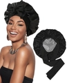 Black double-layer satin hair bonnet with wide ties and large bow for hair protection - M / Black + Silver