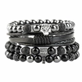 Detail of four-piece men's punk bracelet set with tiger eye, lava stone and woven leather - Leopard Head Set 2