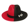 Detail of wool fedora with gradient split colors, pearl accents and floral trim - Red Army Green With Pearls