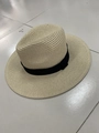 Unisex wide brim straw Panama hat in beige with a black ribbon band for sun protection - M (56-58cm) / Off White