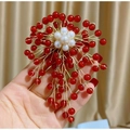 Handmade gold wire flower brooch with red beads and white freshwater pearls - Red Round Beads Radiating Style(TB928)