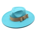 Detail of wool fedora hat in lake blue with khaki ribbon and gold bee metal buckle - M (56-58cm) / Lake Blue