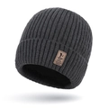 Winter rib-knit beanie in dark grey with brown leather patch and warm lining - Dark Gray