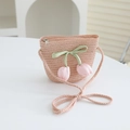 Detailed view of kids pink straw bag with 3D tulip flowers and zipper closure - 52cm (2-5 Years) / Bag / Pink