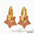 Star-shaped hoop earrings in gold finish with sparkling pink zircon crystals - Gold Base Pink Rhinestone Style (KDE1237)