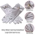 Elegant silver white satin bridal gloves with pleated cuffs and hanging pearl detail - One Size / Silver