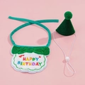 Detailed view of green embroidered pet birthday bib and felt hat set on pink background - Green Birthday Set