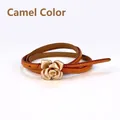 Elegant camel genuine leather thin belt with decorative gold rose flower buckle for dresses - Camel / 105cm