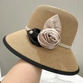 French vintage straw bucket hat with pearls and camellia flower for sun protection - M (56-58cm) / Khaki