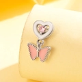 Pink enamel heart and butterfly surgical steel earring stud on a yellow base - Pink Heart Butterfly (A-441) (Single Piece)