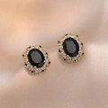 Vintage style oval earrings featuring black onyx center with pavé zircon halo - Oval Black Agate-Look Surround Style (E0594)