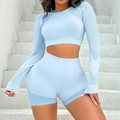 Seamless light blue long sleeve crop top and high waisted shorts yoga set for women - M / Light Blue