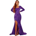 Purple sequin long sleeve evening gown with high side slit and floor-length fishtail hem - US size 2 (S) / Top And Bottom / Purple