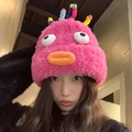 Cute bright pink plush monster beanie with big eyes and warm ear protection design - M (56-58cm) / Rose Pink
