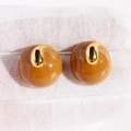 Minimalist round stud earrings in caramel brown enamel and gold metallic accents - Maillard Brown