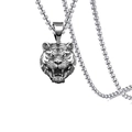 Close-up of polished silver tiger head pendant with detailed mane and sturdy box chain - Tiger Head Pendant with Stainless Steel Chain