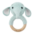 Handmade light blue crochet elephant baby rattle with I Love Mom engraved wood ring - Blue Elephant
