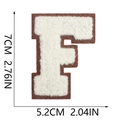Macro detail of 7cm chenille letter F patch in cream and brown with size measurements - Letter F