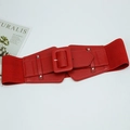 Detail of red elastic wide waist belt with square buckle and silver metal rivets - Red