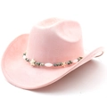 Dettaglio cappello da cowboy rosa scamosciato con perle etniche e ciondoli turchesi - Rosa